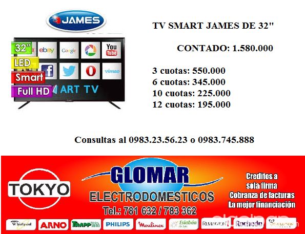 TV LED JAMES SMART DE 32!! NUEVO EN CAJA.. 1 AÑO DE GARANTIA.. ENTREGA SIN COSTO ADICIONAL!!! | Clasipar Electrodomésticos - TV LED JAMES SMART DE 32!! NUEVO EN CAJA.. 1 AÑO DE GARANTIA.. ENTREGA SIN COSTO ADICIONAL!!!
