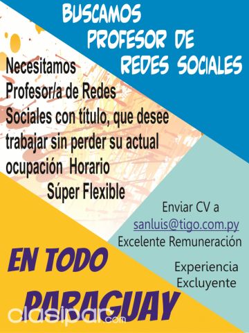 Buscamos a Profesores de Redes Sociales , tiempo Parcial, Excelente Remuneración | Clasipar Marketing - Buscamos a Profesores de Redes Sociales , tiempo Parcial, Excelente Remuneración