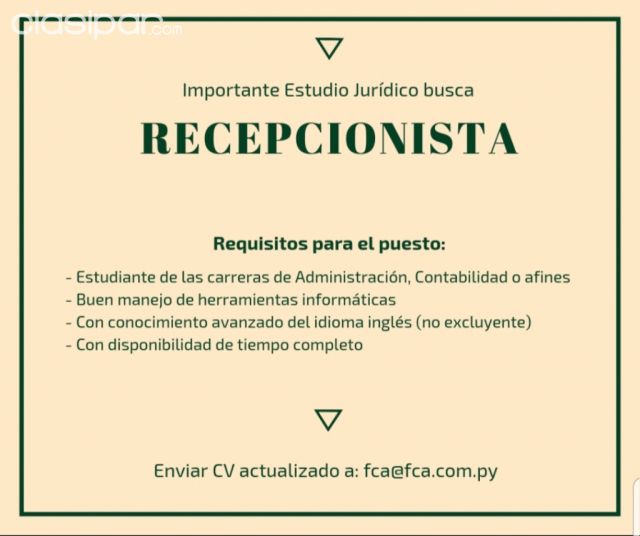 Importante Estudio Jurídico busca RECEPCIONISTA | Clasipar Secretaria - Importante Estudio Jurídico busca RECEPCIONISTA
