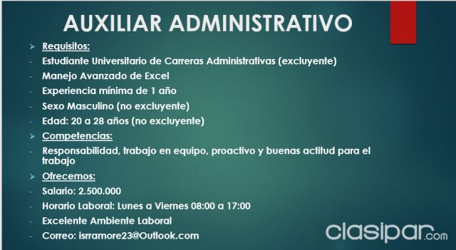 Auxiliar Administrativo | Clasipar Administración - Auxiliar Administrativo