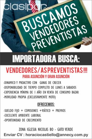IMPORTADORA BUSCA VENDEDORES/PREVENTISTAS | Clasipar Ventas - IMPORTADORA BUSCA VENDEDORES/PREVENTISTAS